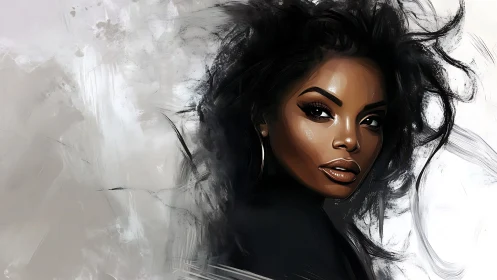 Confident woman meets swirling abstract light and shadow