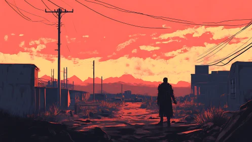 Rusted streets ignite as a lone wanderer meets the crimson dawn