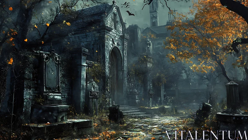 Ruined stone mausoleum under cold mist with autumn foliage