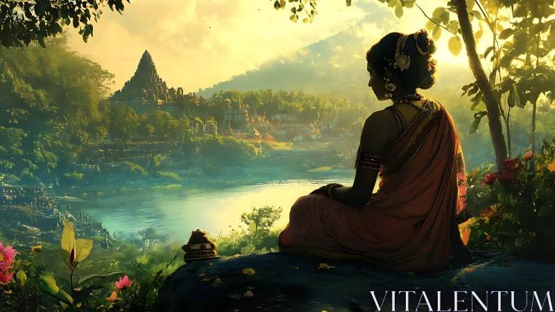 Sunlit river meditation before ancient temple citadel.