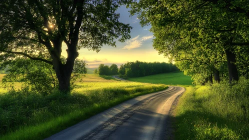 Photorealistic country lane under luminous verdant canopy.