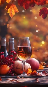 Autumn wine glass with fruit still life on rustic table.