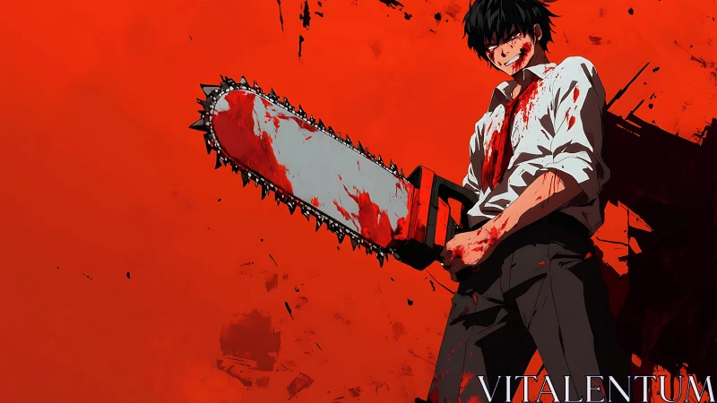 Blood-soaked anime figure wields chainsaw against flat red field