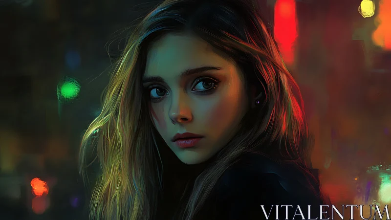 Nocturnal portraiture under neon-diffused chromatic lighting.