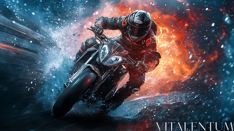 Blazing motorcycle rider carves through fire and swirling ice