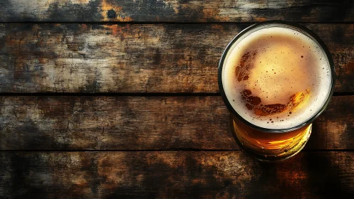 Top-down pint of amber beer on distressed wooden plank surface