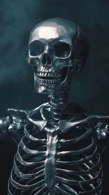 Chromed human skeleton rendered in moody studio lighting.