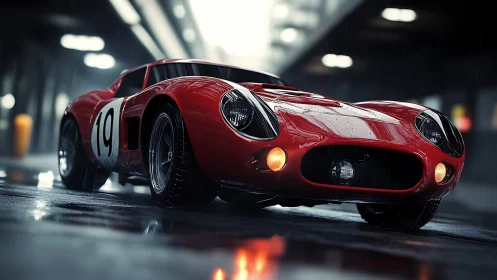 Low-angle wet track study of vintage red endurance racer.