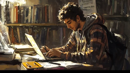 Library workstation study scene with textured digital lighting.