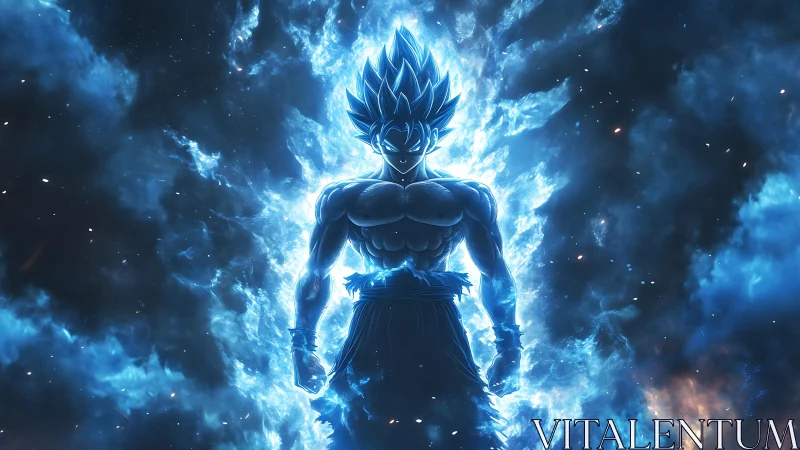 Celestial warrior ignites a blazing blue cosmic aura