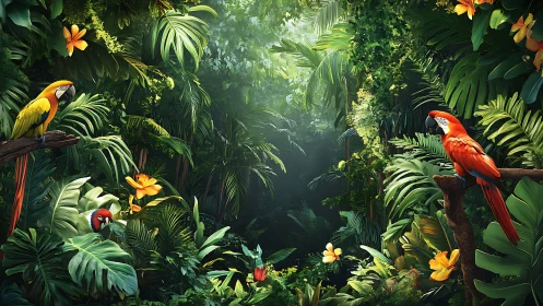 Vivid macaws perch in dense tropical rainforest clearing