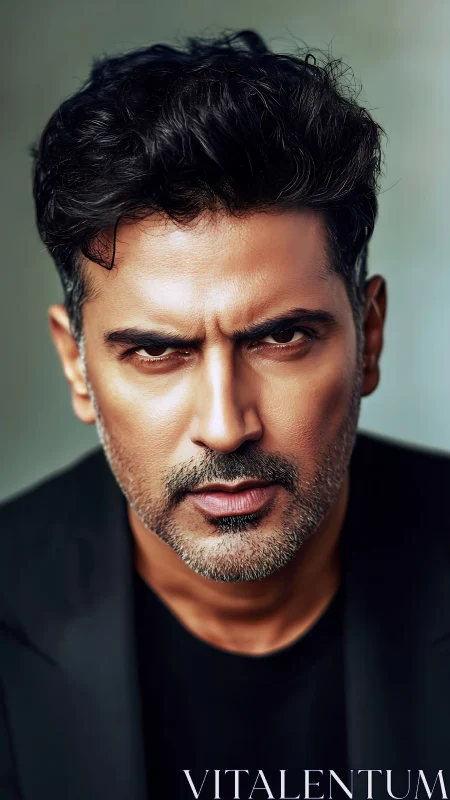 Storm-eyed gentleman in sharp noir blazer stares forward.