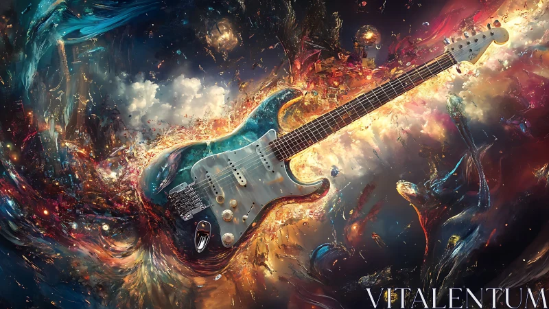 Electric guitar drifts through luminous cosmic nebula storm