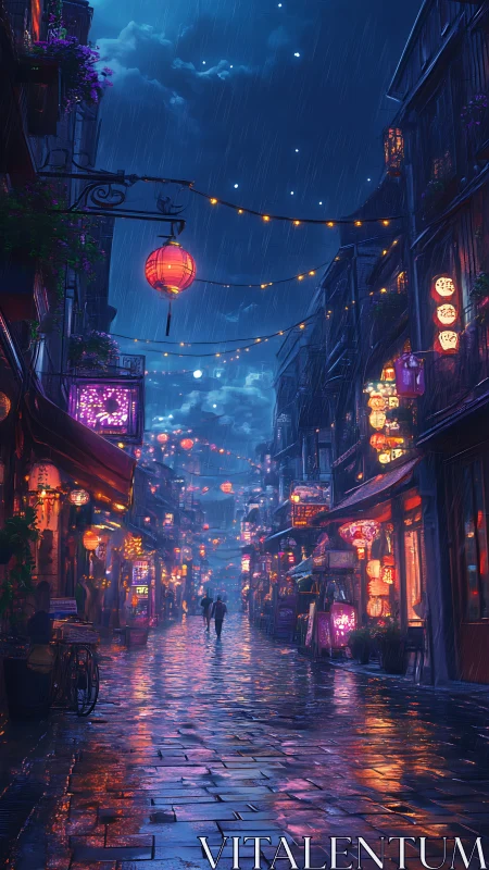 Rainy lantern street at night with reflective wet pavements.