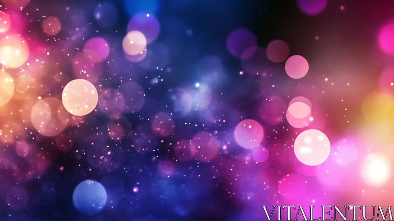 Multicolored bokeh light spheres on dark gradient background.