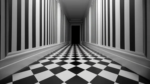Monochrome corridor of stripes and chessboard illusions.