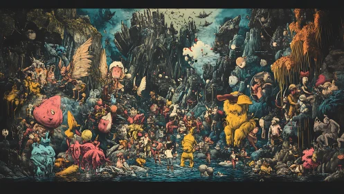 Crowded fantasy cavern packed with bizarre creatures.