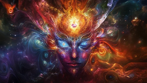 Cosmic nebula deity portrait with fractal energy aura