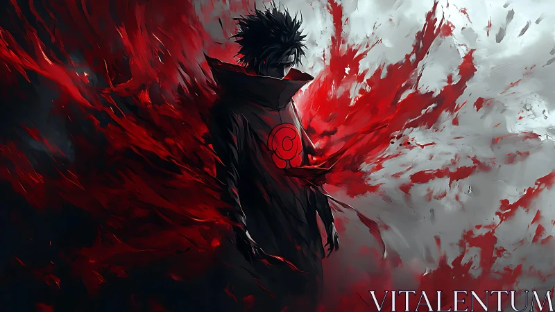 Shadowed warrior stands in a storm of swirling crimson power