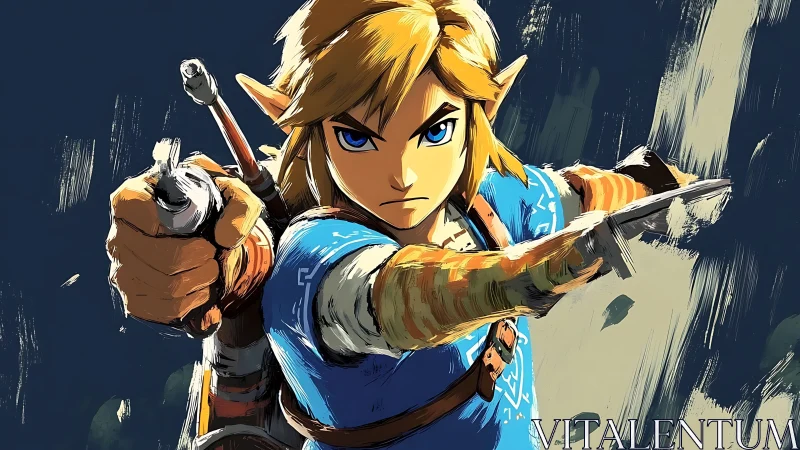 Blue-clad elven archer lunges through brushstroke storm.