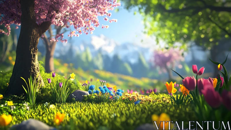 Spring Garden Blossoms Beneath Flowering Tree.