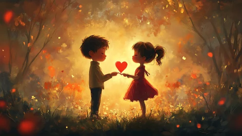 Two children exchange glowing heart in golden autumn forest.