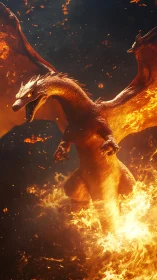 Inferno dragon emerging through swirling molten flames.