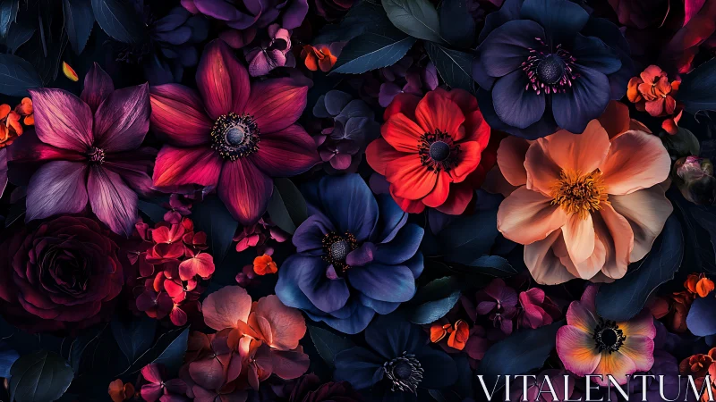 Volumetric floral composition with dramatic chiaroscuro and spectral color saturation