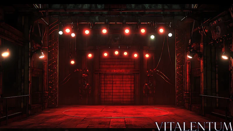 Industrial stage under red spotlights suggests dystopian arena