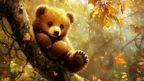 Young bear resting on tree branch in autumn forest scene.