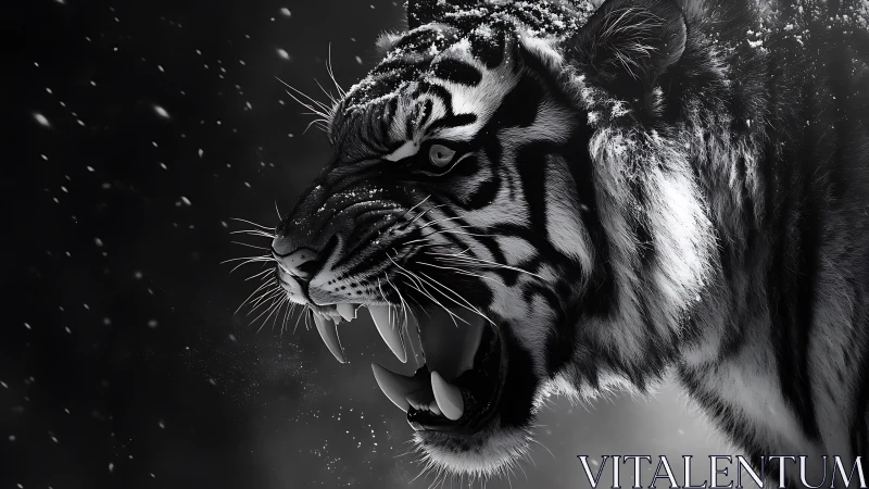 Monochrome snarl study of snow-dusted tiger in profile.
