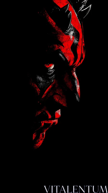 Horned red demon profile emerges from deep darkness.