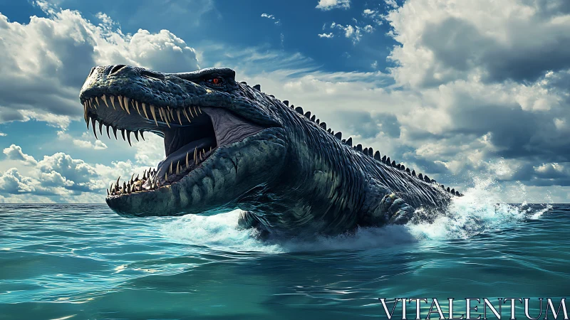 Mighty sea dinosaur surging from glittering blue waves.