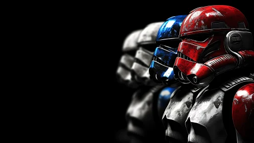 Tri-color sci-fi combat helmets with worn armor textures