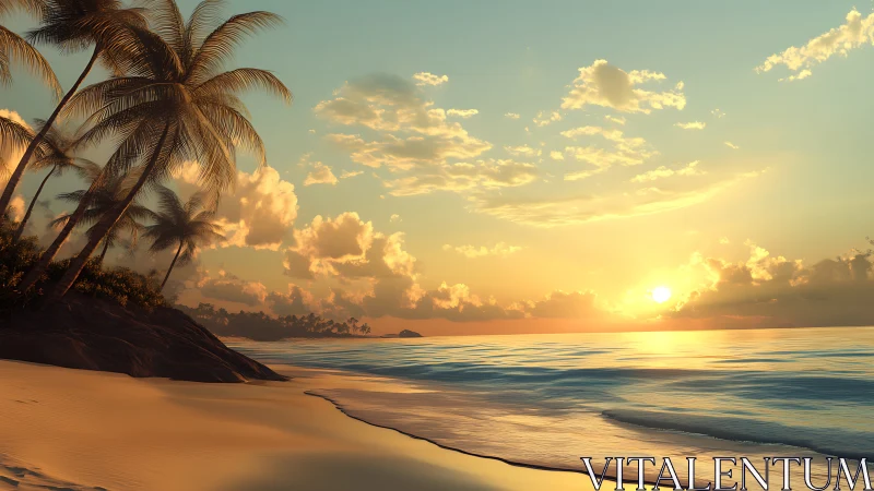Golden sunset glows over a calm tropical palm-lined shoreline