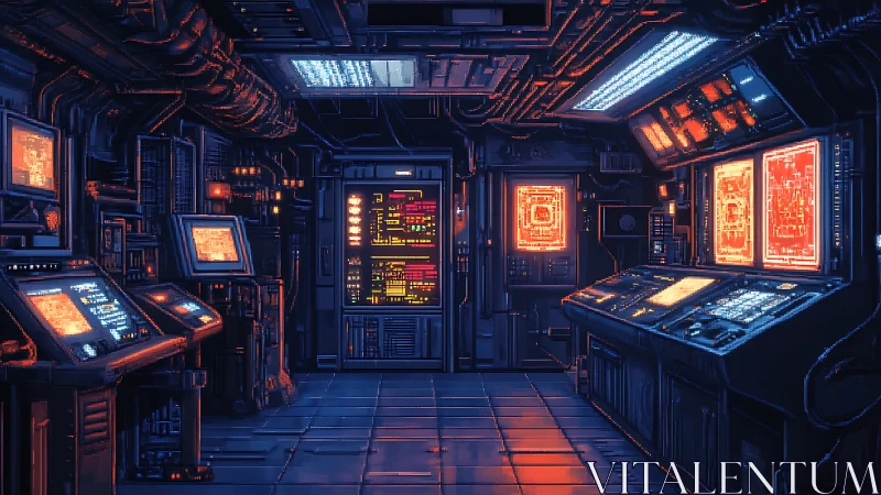 Cybernetic control room glows with dense neon interface grids