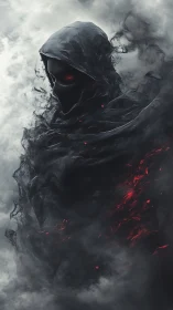 Dark hooded wraith with red embers in swirling smoke.
