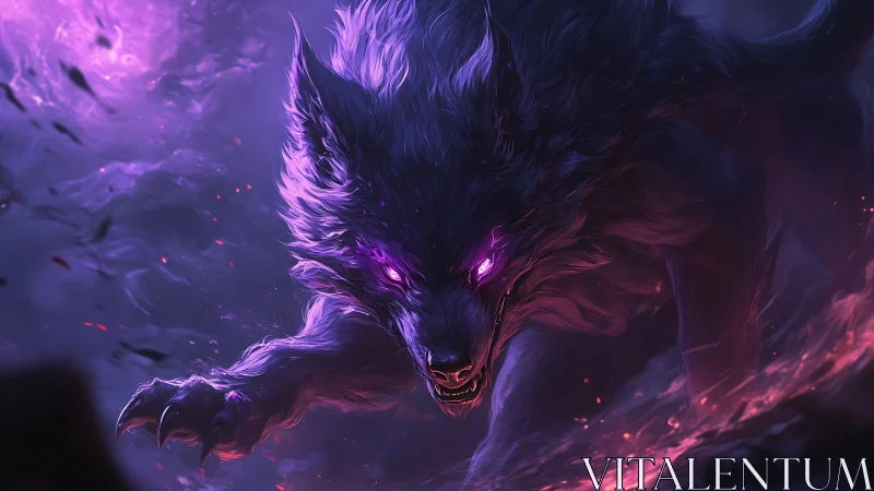 Voidfire wolf lunges through violet storm and cinders.