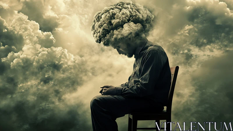Seated man with eruptive cloud head in turbulent storm sky