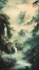 Digital painting of misty tiered waterfalls in vertical valley composition.
