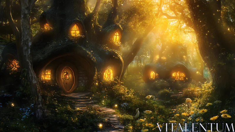 Forest dwellings with illuminated windows under warm light.