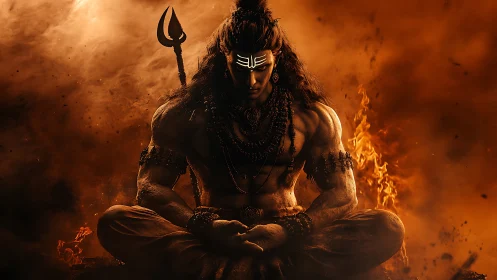 Fiery meditative warrior seated in glowing cosmic calm.