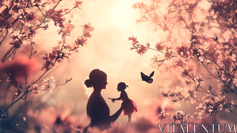 Silhouetted figures among flowering branches with butterfly.