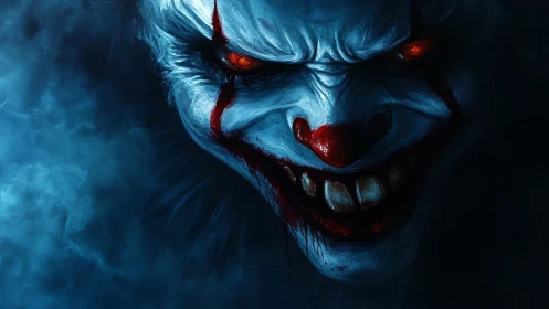 Sinister carnival clown grinning through midnight fog.