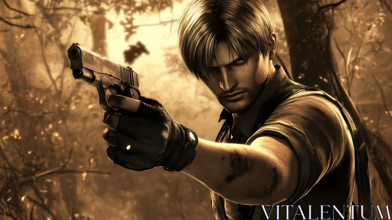 Armed fighter aims handgun through dense sepia forest