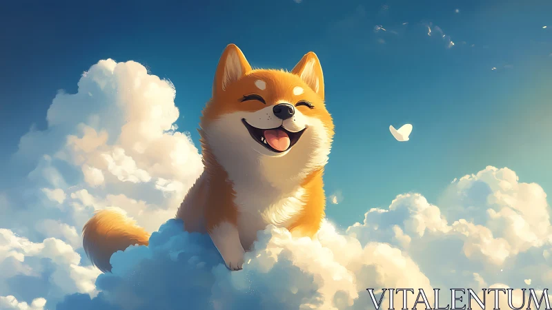 Smiling cartoon shiba inu sits on dense sunlit clouds