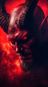 Demonic horned figure glares through swirling crimson smoke