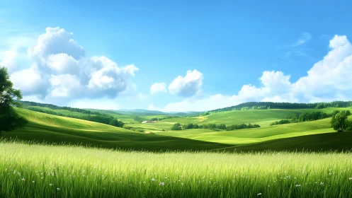 Sunlit rolling meadows under expansive summer sky.