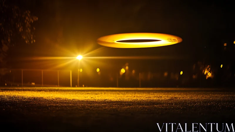 Flying disc captured midair over illuminated night field.