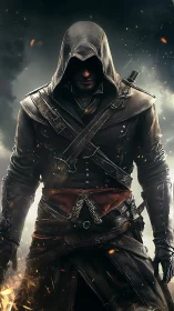 Hooded rogue strides forward wrapped in quiet, fiery resolve.